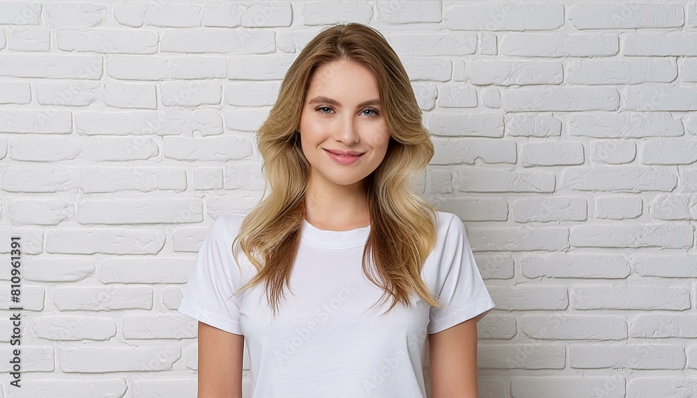 oung woman in a white t-shirt against a white brick wall