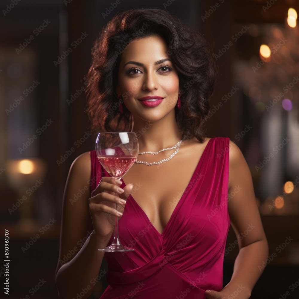 Beautiful woman in red dress holding a wine glass Fictional Character Created By Generative AI. Beautiful woman in red dress holding a wine glass Fictional Character Created By Generative AI.