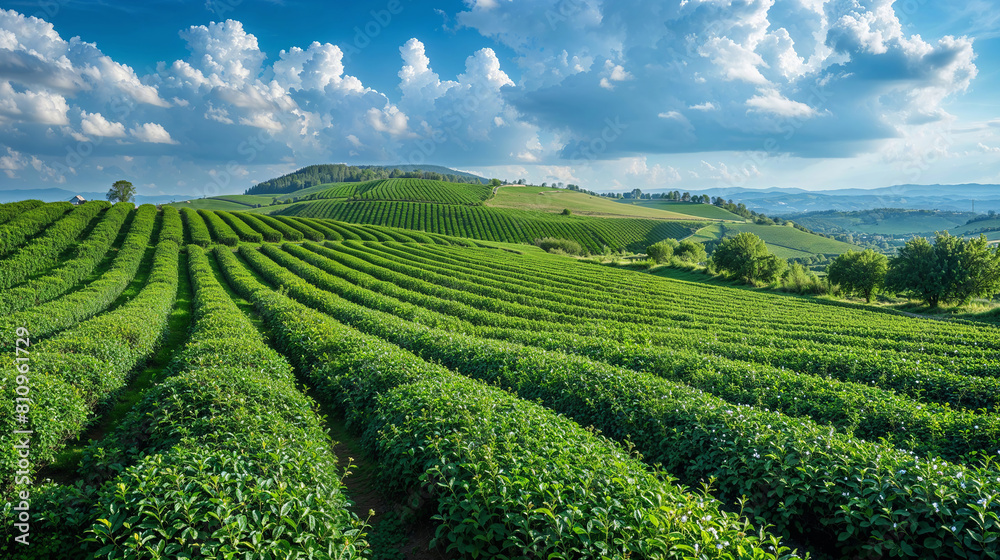 Tea plantation with rows of grass in the countryside, tea garden, lush green tea plantation, perfectly aligned rows of tea plants backdrop of rolling hills sky fluffy clouds Tea plantation with rows of grass in the countryside, tea garden, lush green tea plantation, perfectly aligned rows of tea plants backdrop of rolling hills sky fluffy clouds