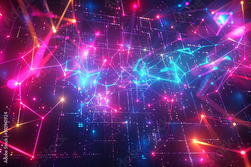 Abstract network nodes, vibrant neon, wide-angle, cyber HUD overlay