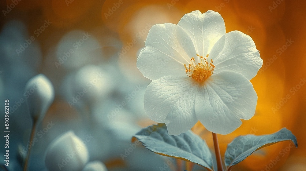 A white bloom on a leafy, hazy backdrop featuring yellow petals A white bloom on a leafy, hazy backdrop featuring yellow petals