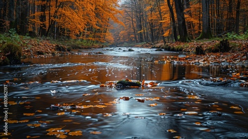 A beautiful river runs through a forest in autumn photo