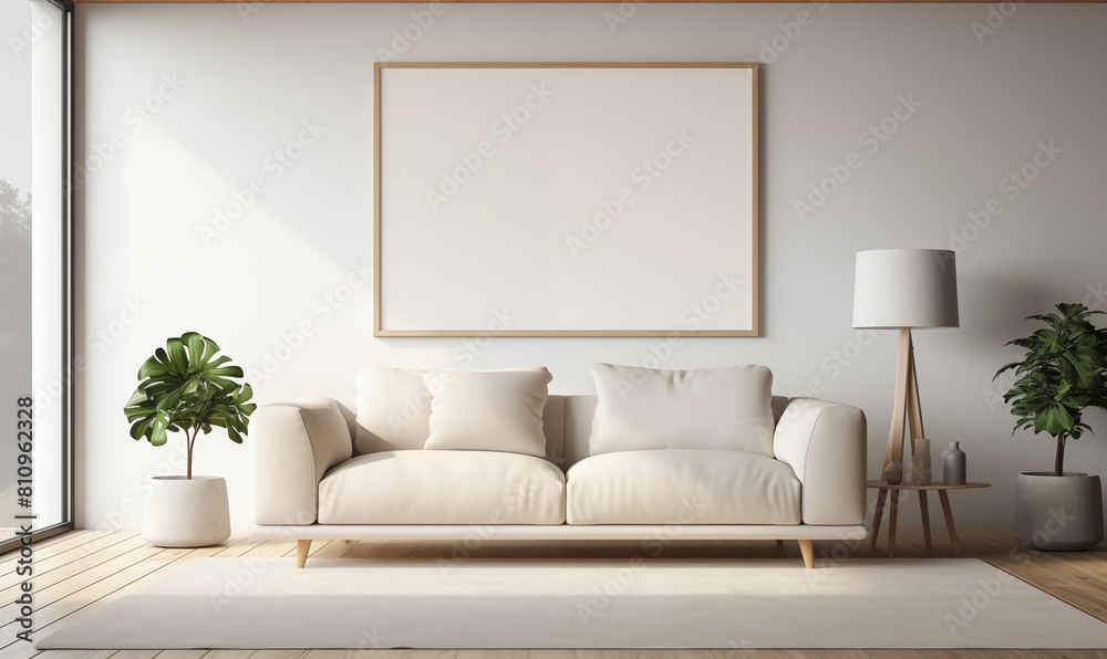 3d rendering, A minimalist living room with a cream sofa, coffee table and empty picture frame on the wall 3d rendering, A minimalist living room with a cream sofa, coffee table and empty picture frame on the wall