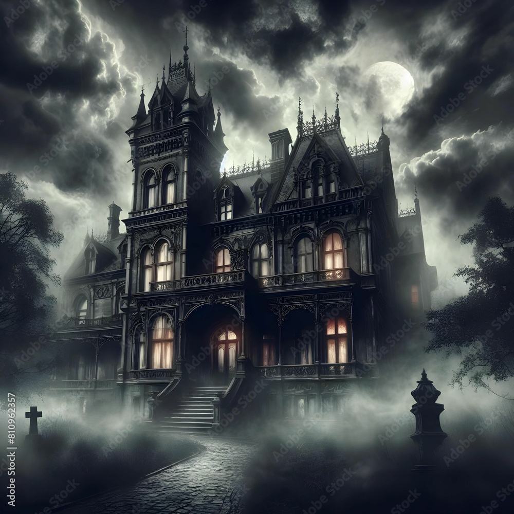 Haunted, Victorian mansion, shrouded in fog, gothic art Haunted, Victorian mansion, shrouded in fog, gothic art