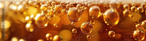 A close-up view of the frothy bubbles in a glass of beer, either golden bubbles of beer or oil