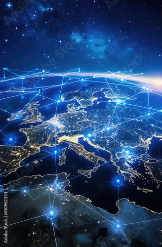 Communication technology with global internet network connected in Europe Telecommunication and data transfer european connection links IoT, finance, business, blockchain, security