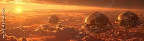 A depiction of human settlements in floating habitats above the atmosphere of Venus photo