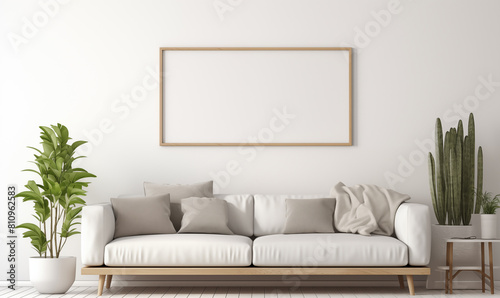 3d rendering, A minimalist living room with a cream sofa, coffee table and empty picture frame on the wall