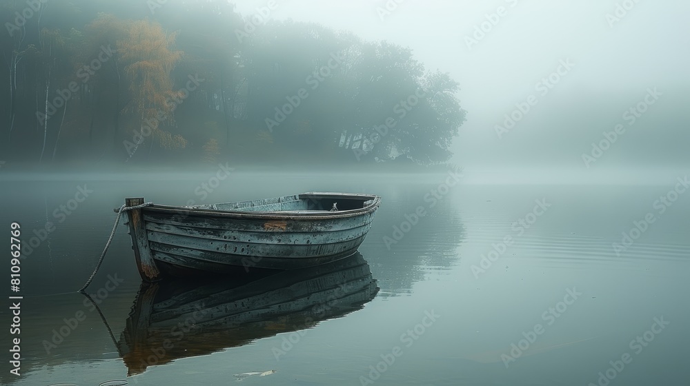 Fototapeta premium A boat sits calmly in a foggy lake, surrounded by the misty beauty of nature.