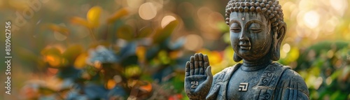 A sculpture depicting Buddha with one hand raised in a gesture of prayer photo