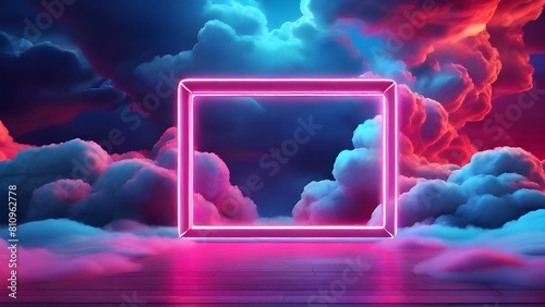 Neon lights in shades of purple and blue frame the sky with copy space. three-dimensional rendering background abstraction
