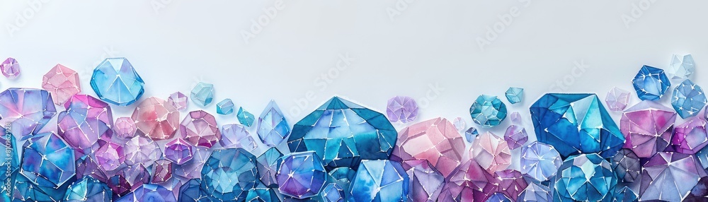 A white backdrop showcases a hand-drawn artwork of gemstones in shades of blue, purple, and pink in a watercolor design