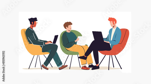 Men sitting in chair with laptop on white background