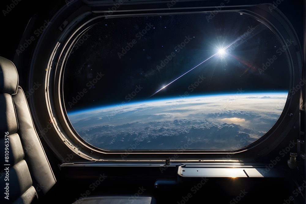 Blick aus dem Fenster einer Raumschiffs auf die Erde - Weltall - KI generiert Blick aus dem Fenster einer Raumschiffs auf die Erde - Weltall - KI generiert