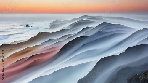  A mountain range bathed in sunset light, with cloudy skies and a hazy sea in the foreground © Shanti