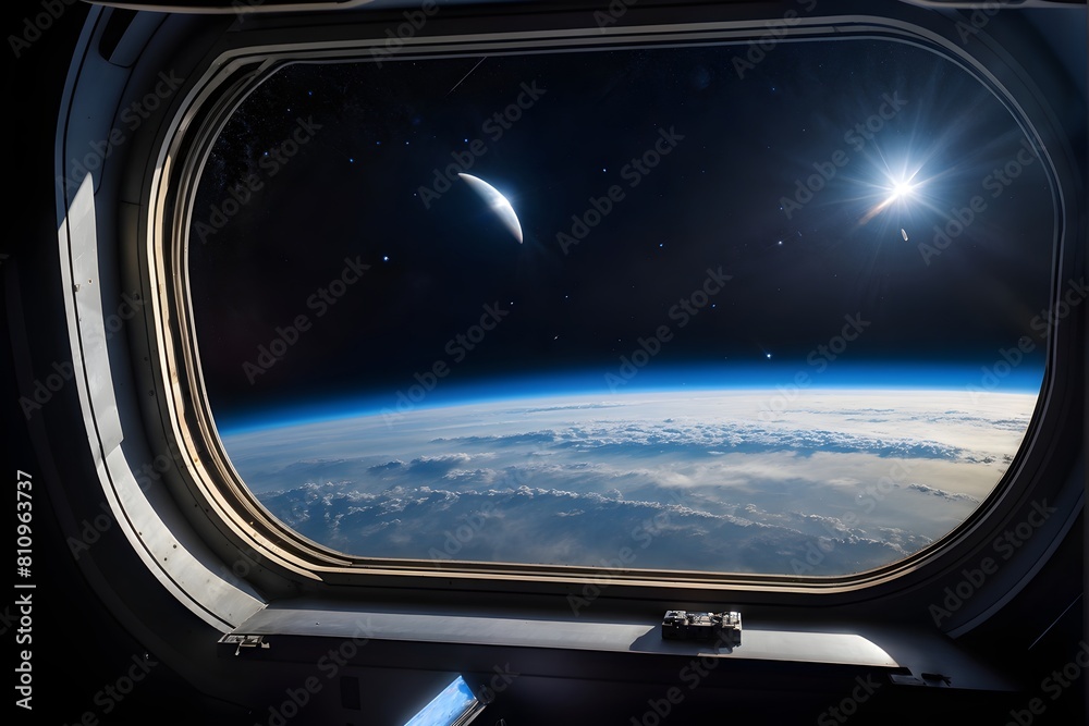 Blick aus dem Fenster einer Raumschiffs auf die Erde - Weltall - KI generiert Blick aus dem Fenster einer Raumschiffs auf die Erde - Weltall - KI generiert