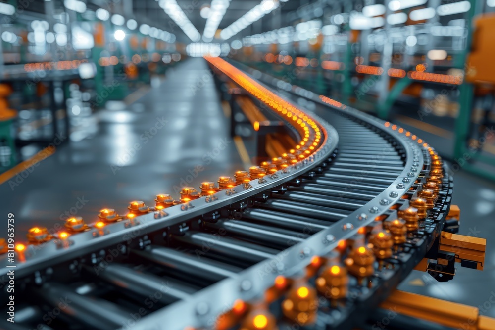This image depicts a conveyor belt system with vibrant orange lights in a transportation context within an industrial setting This image depicts a conveyor belt system with vibrant orange lights in a transportation context within an industrial setting