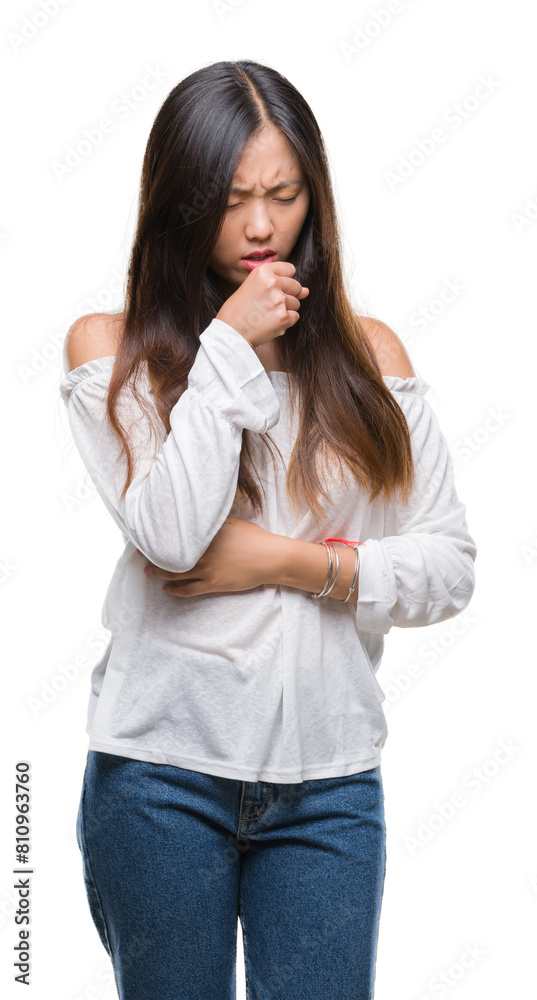 Young asian woman over isolated background feeling unwell and coughing as symptom for cold or bronchitis. Healthcare concept. Young asian woman over isolated background feeling unwell and coughing as symptom for cold or bronchitis. Healthcare concept.