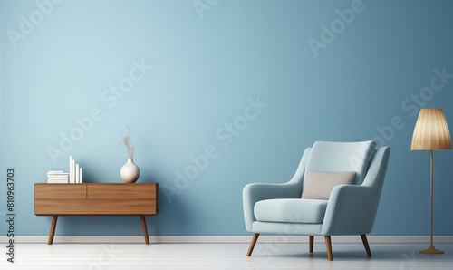 3d rendering, Minimalist interior design of a modern living room with a blue wall and armchair © 수동 김