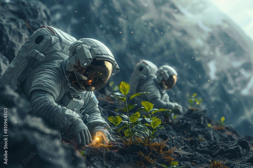 Two astronauts in space suits examine and interact with a small glowing plant in a rocky extraterrestrial environment, symbolizing discovery and exploration Two astronauts in space suits examine and interact with a small glowing plant in a rocky extraterrestrial environment, symbolizing discovery and exploration
