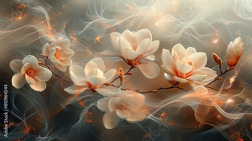   A few white blossoms dangle from a tree, emitting wisps of smoke from the tips and base photo