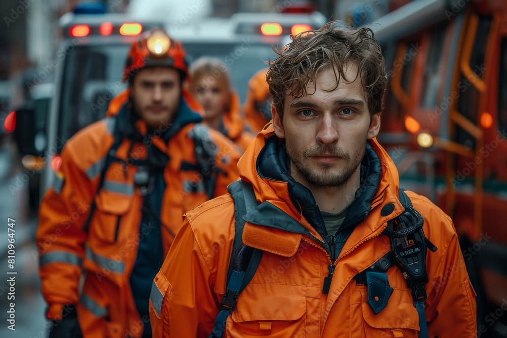 Obraz premium A paramedic with a serious expression in orange gear, with his team and ambulance visible