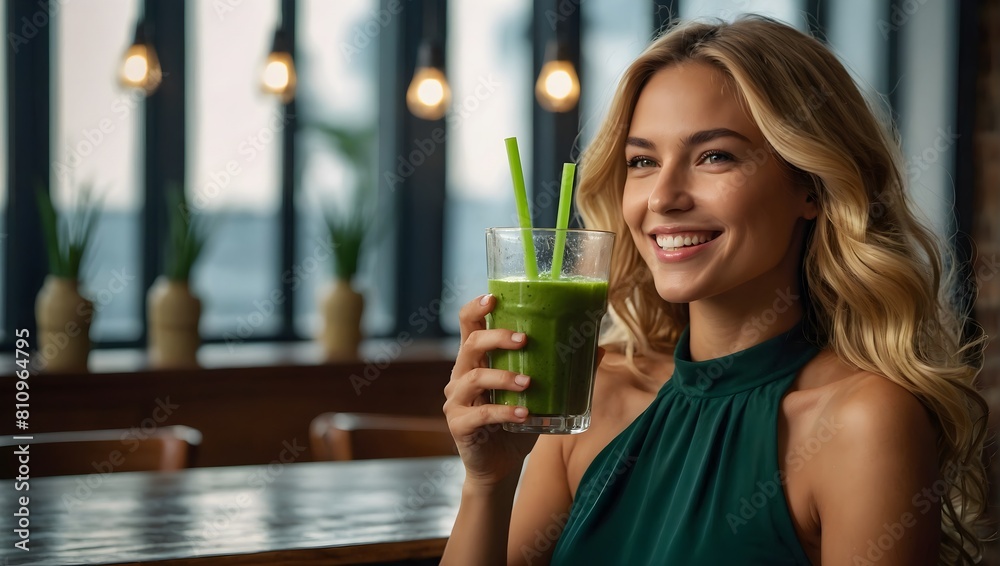 The Joy of a Beautiful Smiling Girl and Her Green Smoothie, Ai generated The Joy of a Beautiful Smiling Girl and Her Green Smoothie, Ai generated