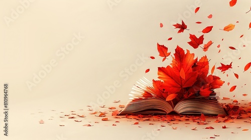   An open book rests atop a mound of books with rustling red foliage spilling from its pages photo
