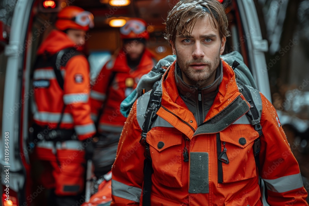 A young male search and rescue team member looks seriously at the camera with teammates in the background A young male search and rescue team member looks seriously at the camera with teammates in the background