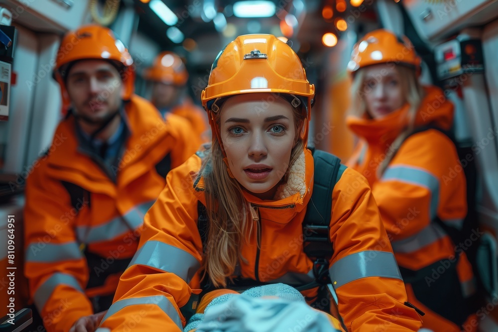 A female rescue worker with clear eyes and a focused expression on the inside of a vehicle A female rescue worker with clear eyes and a focused expression on the inside of a vehicle