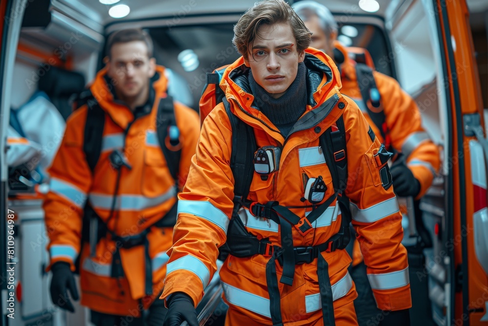 A young male rescue worker in orange gear gazes at the camera on a mission A young male rescue worker in orange gear gazes at the camera on a mission