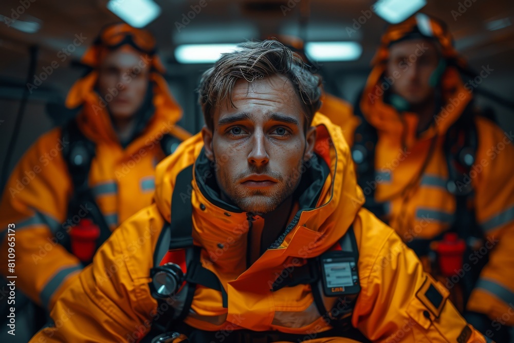 A heroic young male rescue worker in focus with a determined look amidst his team A heroic young male rescue worker in focus with a determined look amidst his team