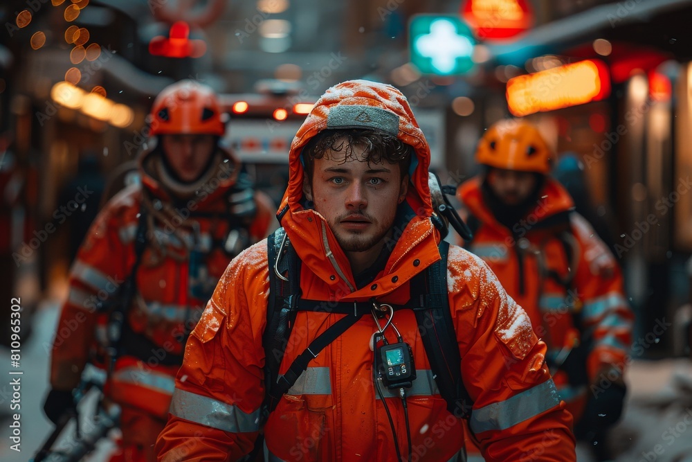 Obraz premium A young paramedic in an orange high-visibility uniform looks ahead with determination, with his team in the background in a snowy urban setting