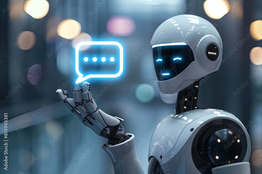 Naklejka premium A robot holding a smart phone with a speech bubble above it, representing a conversation or communication in a programming development setting. Generative AI