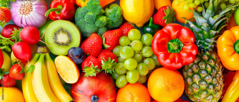 Assortment of fresh fruits and vegetables, including bananas, oranges, grapes