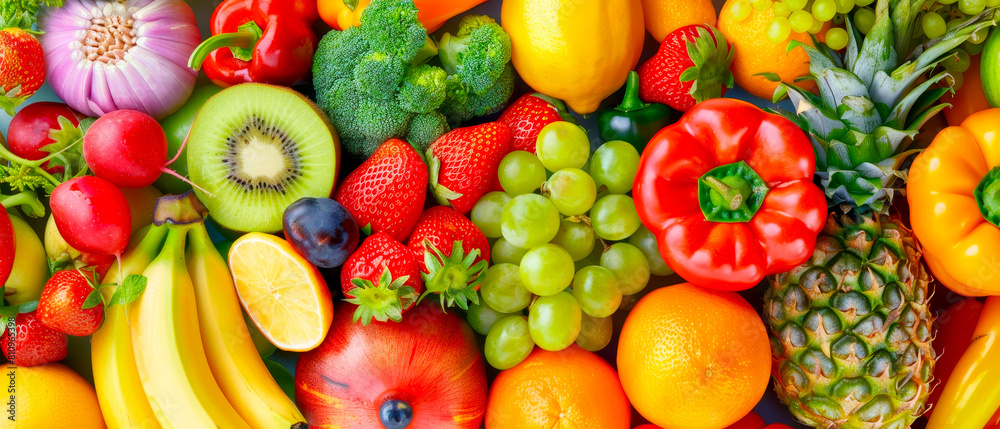 Assortment of fresh fruits and vegetables, including bananas, oranges, grapes Assortment of fresh fruits and vegetables, including bananas, oranges, grapes