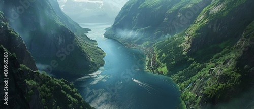 A dynamic aerial shot of a narrow fjord photo