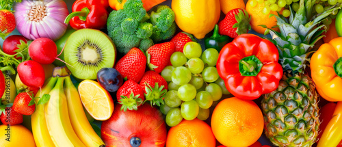 Assortment of fresh fruits and vegetables  including bananas  oranges  grapes