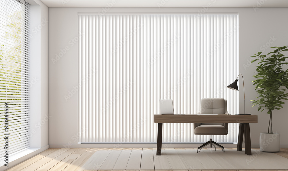 Fototapeta premium 3d rendering, Modern office interior with white wall, grey wooden floor and black desk in front of window with vertical blinds