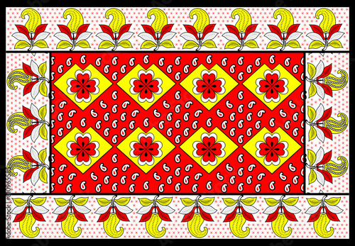 African Wax Print fabric, Ethnic overlap ornament seamless design, Khanga pattern motifs floral elements. khanga texture, colorful textile Ankara fashion style. New Design For Fabric.