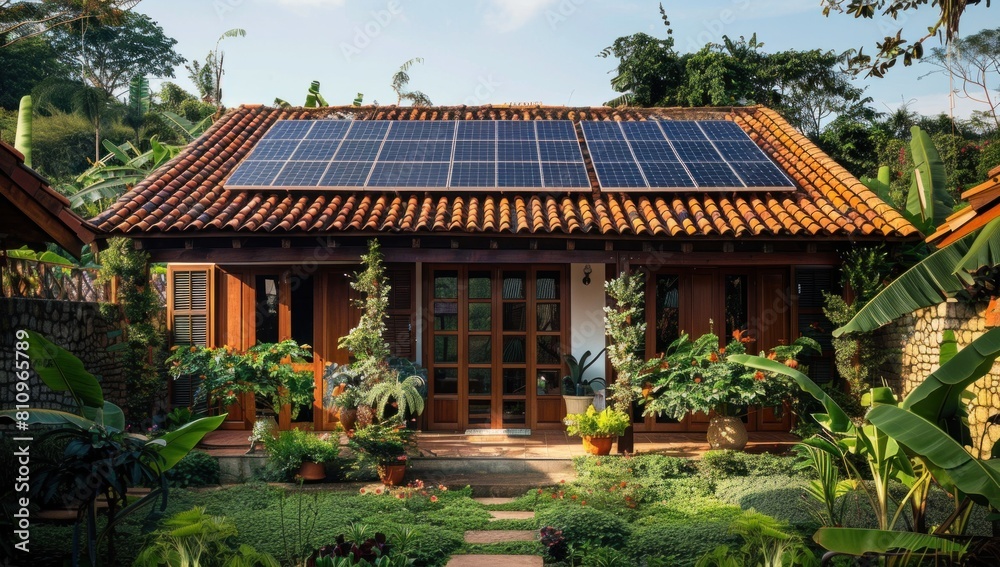 Capture the elegance of solar tiles set amidst a backdrop of lush foliage.