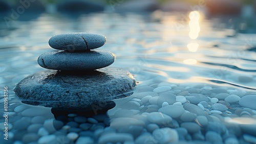 A stack of three stones balanced on top of each other on a bed of smooth pebbles with the sun reflecting off the water in the background. photo
