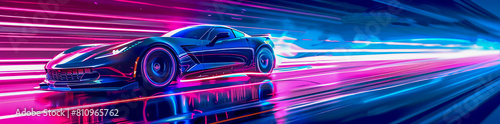 Un coche futurista en movimiento, con luces de neón y estelas de luz creando líneas dinámicas alrededor del vehículo. El fondo es un degradado vibrante de azul a rosa, añadiendo energía y emoción a la photo