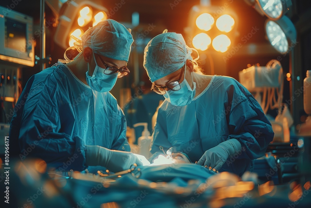Two surgeons in blue scrubs are focused on a surgical procedure under bright operating lights Two surgeons in blue scrubs are focused on a surgical procedure under bright operating lights