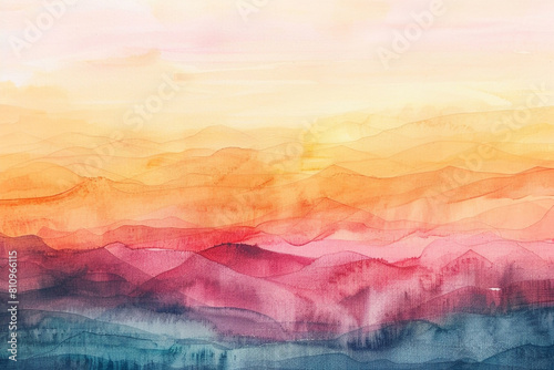 Abstract watercolor landscape blending dreamy sunset colors