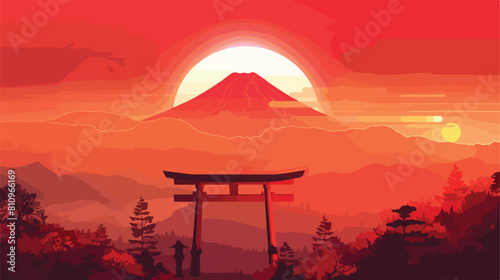 Mount Fuji red sun with torii gate Vector illustration