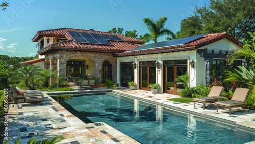 Display the elegance of solar tiles amidst a backdrop of flourishing greenery. © 2D_Jungle
