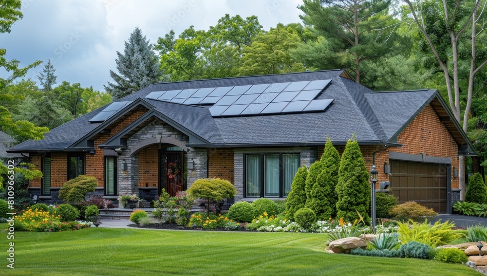 Display the versatility of solar tiles amidst a lush, green landscape.