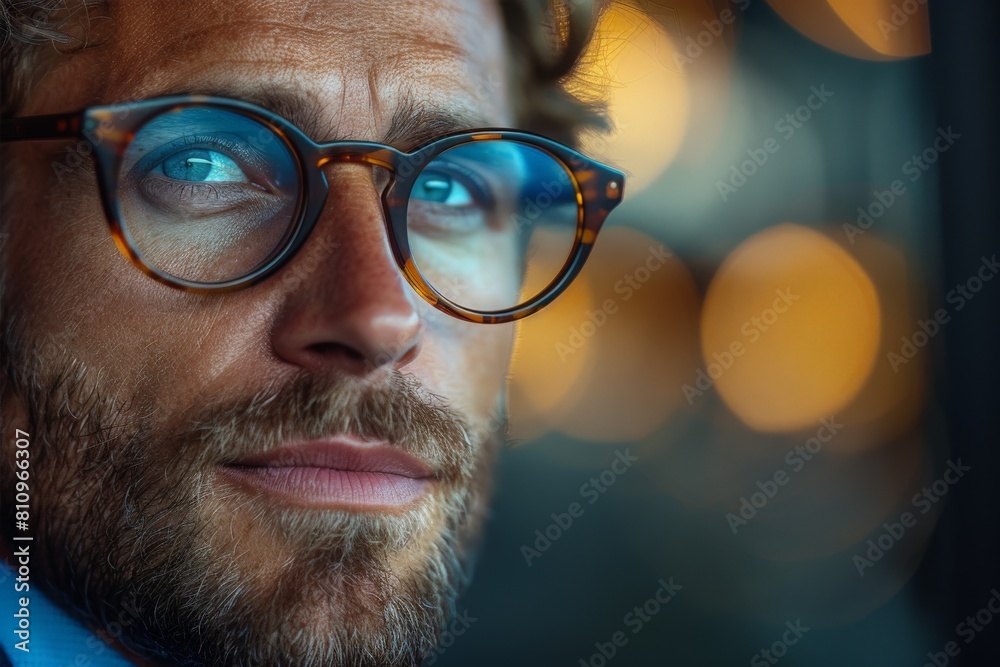 A close-up shot of a person's eye behind glasses focusing on the reflection of beautiful bokeh lights A close-up shot of a person's eye behind glasses focusing on the reflection of beautiful bokeh lights