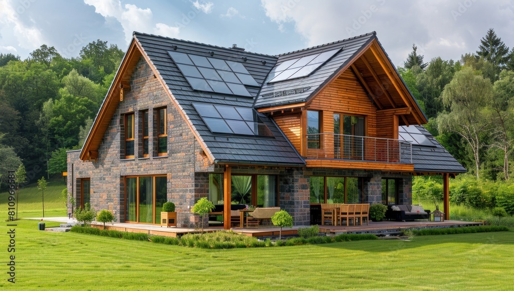 Emphasize the innovation of solar tiles in a backdrop of natural splendor.